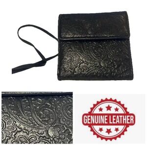 Trifold Crossbody Wallet -Long Strap - Black - Genuine Leather- Paisley - Ornate